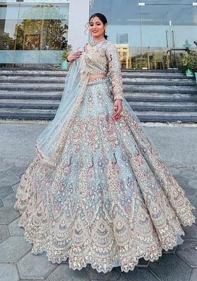 Blue Embroidery Net Lehenga Set