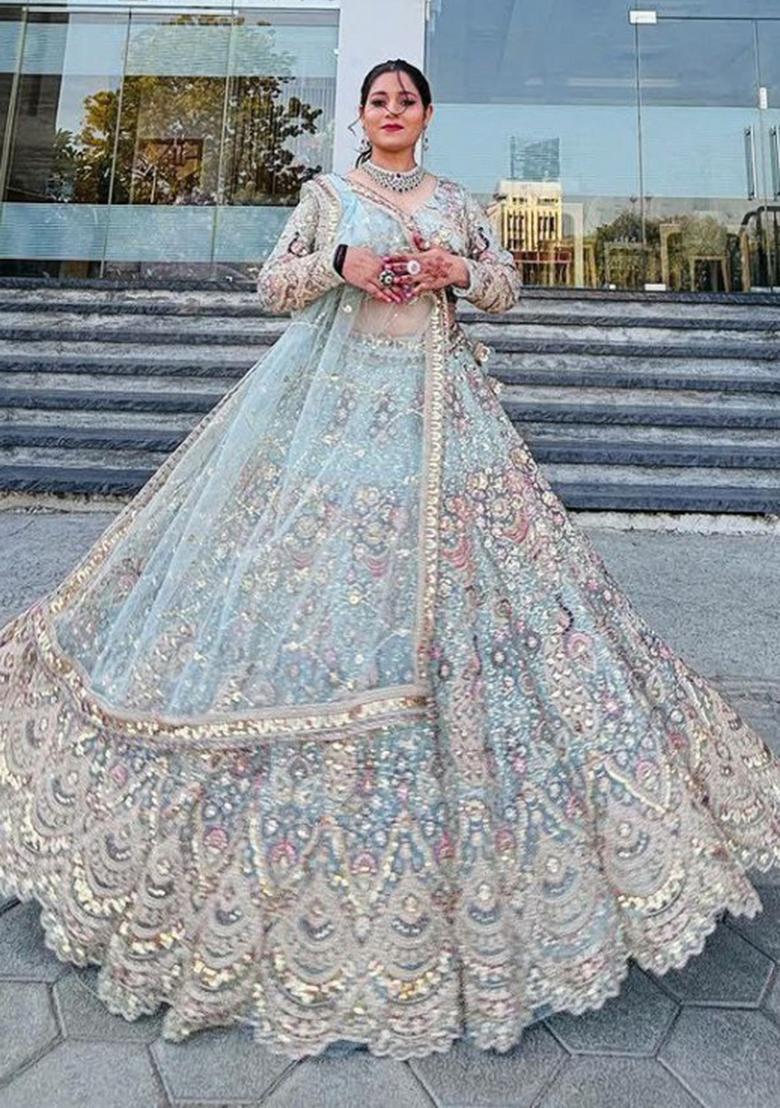 Blue Embroidery Net Lehenga Set - Indya