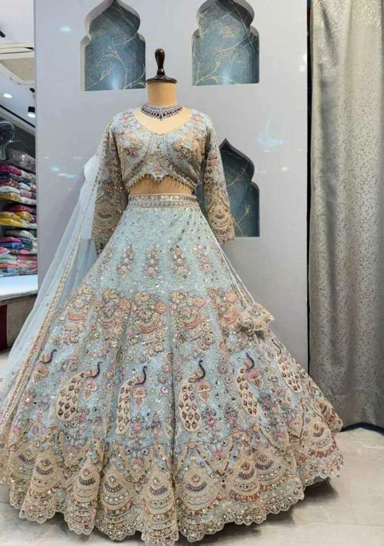 Blue Embroidery Net Lehenga Set for Diwali and Festive Wear - Indya