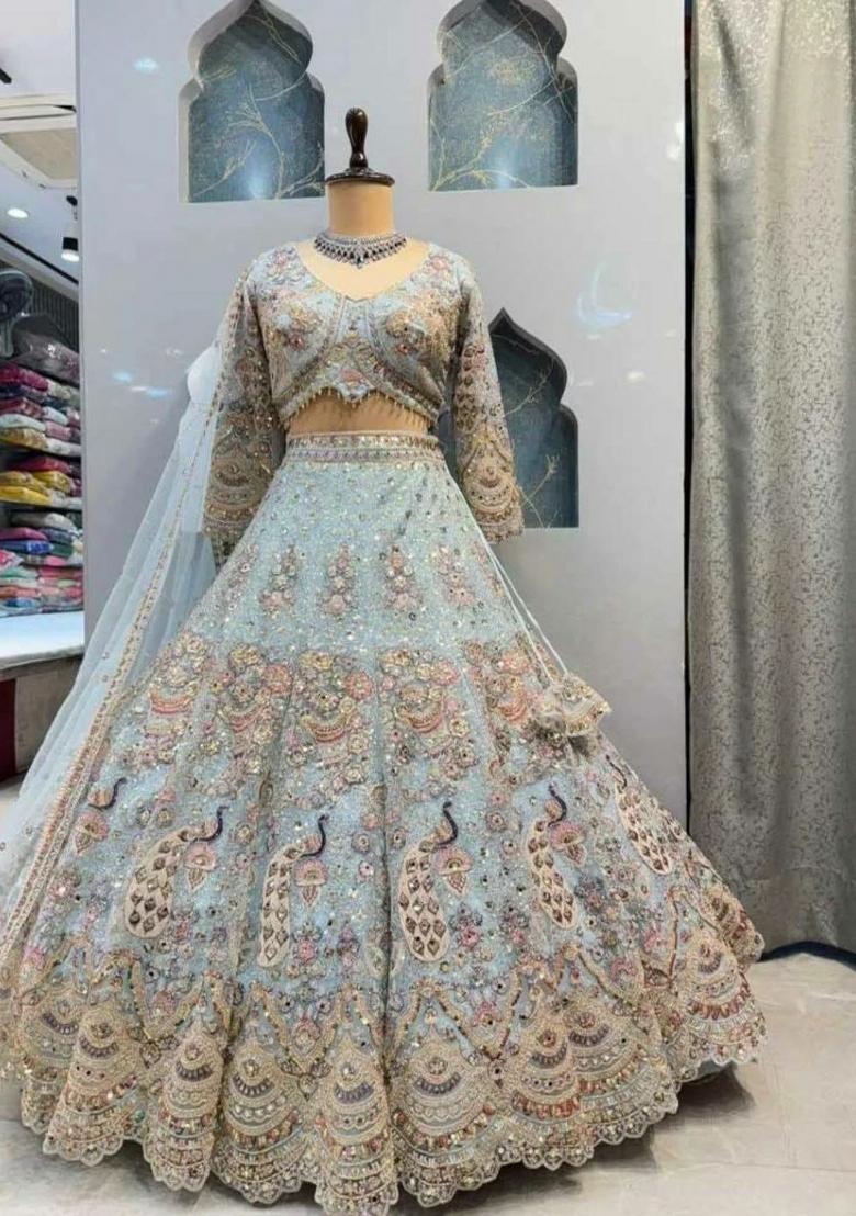 Blue Embroidery Net Lehenga Set - Indya