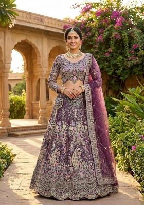 Purple Embroidery Net Lehenga Set