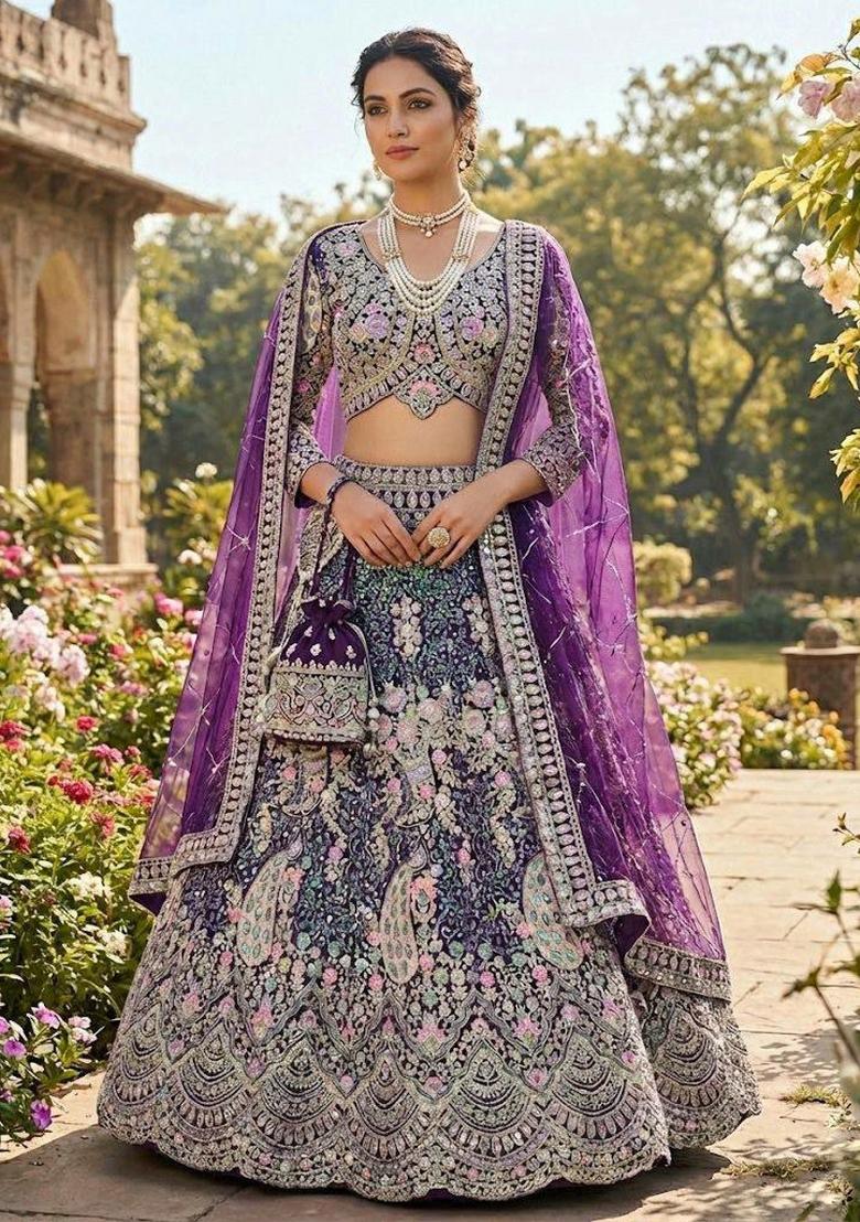 Purple Embroidery Net Lehenga Set - Indya