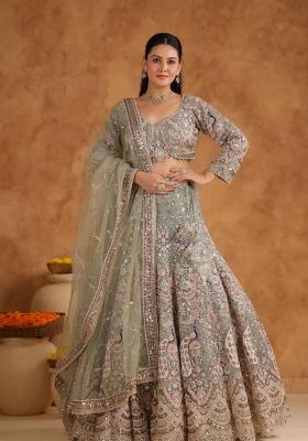 Green Embroidery Net Lehenga Set