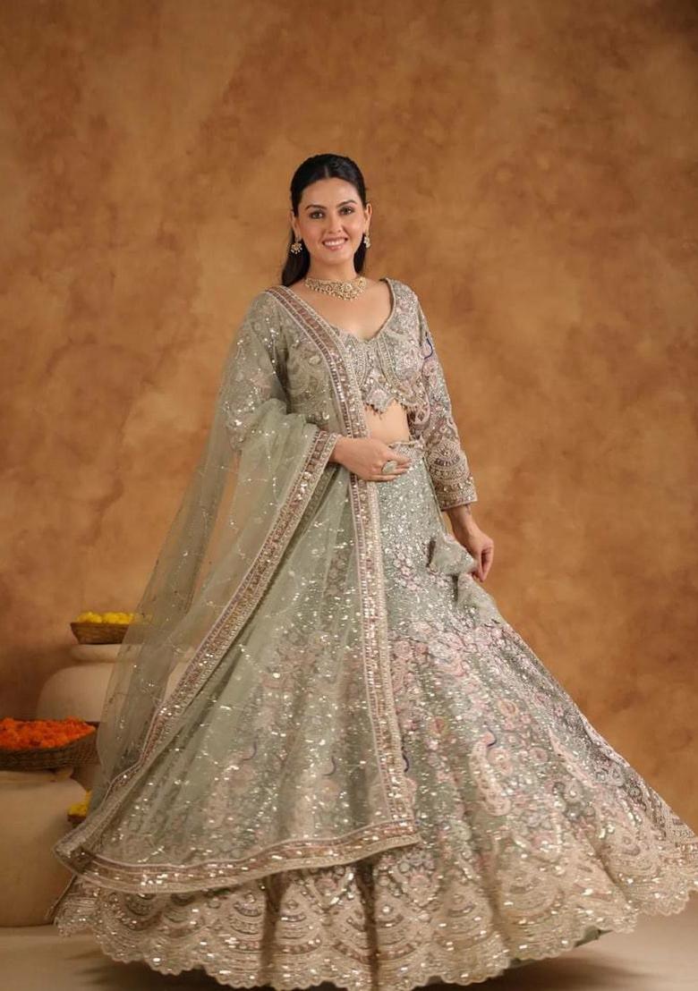 Green Embroidery Net Lehenga Set - Indya