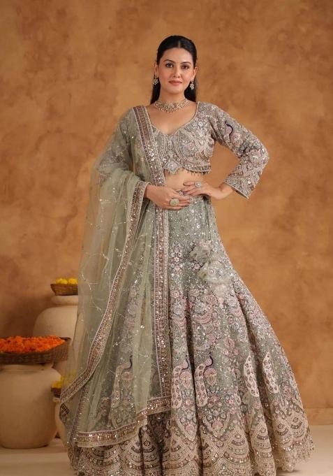 Green Embroidery Net Lehenga Set