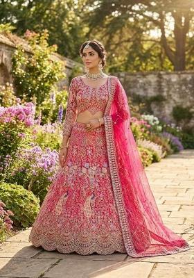 Red Embroidery Net Lehenga Set