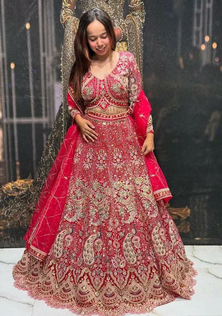 Red Embroidery Net Lehenga Set - Indya