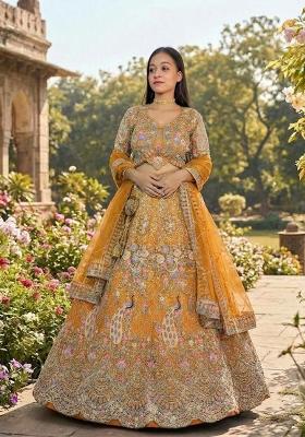 Yellow Embroidery Net Lehenga Set