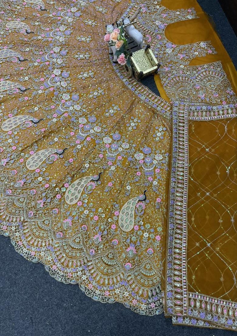 Yellow Embroidery Net Lehenga Set - Indya