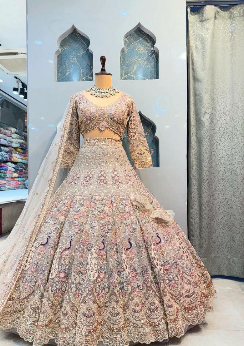 White Embroidery Net Lehenga Set - Indya