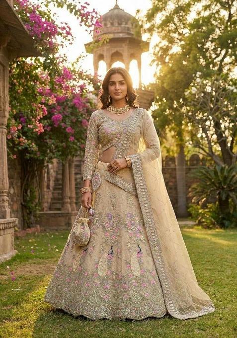 White Embroidery Net Lehenga Set
