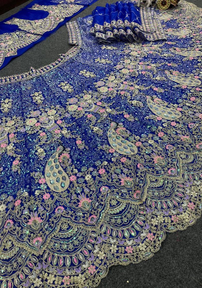 Dark Blue Embroidery Net Lehenga Set - Indya