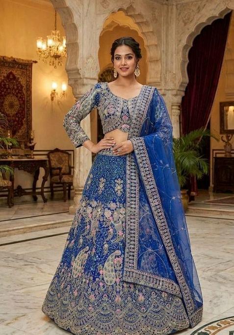 Dark Blue Embroidery Net Lehenga Set — view on Indya