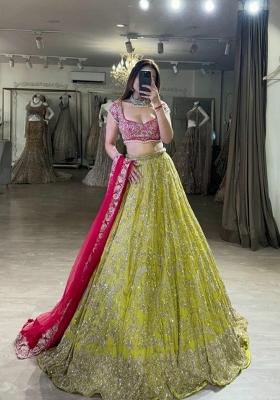Green Embroidery Georgette Lehenga Set