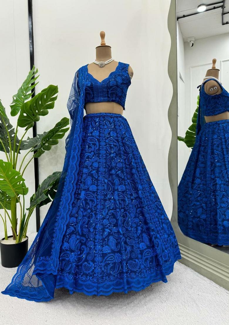Dark Blue Embroidery Georgette Lehenga Set - Indya