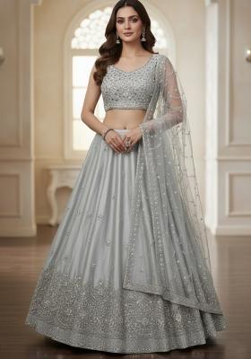 Grey Embroidery Satin Lehenga Set