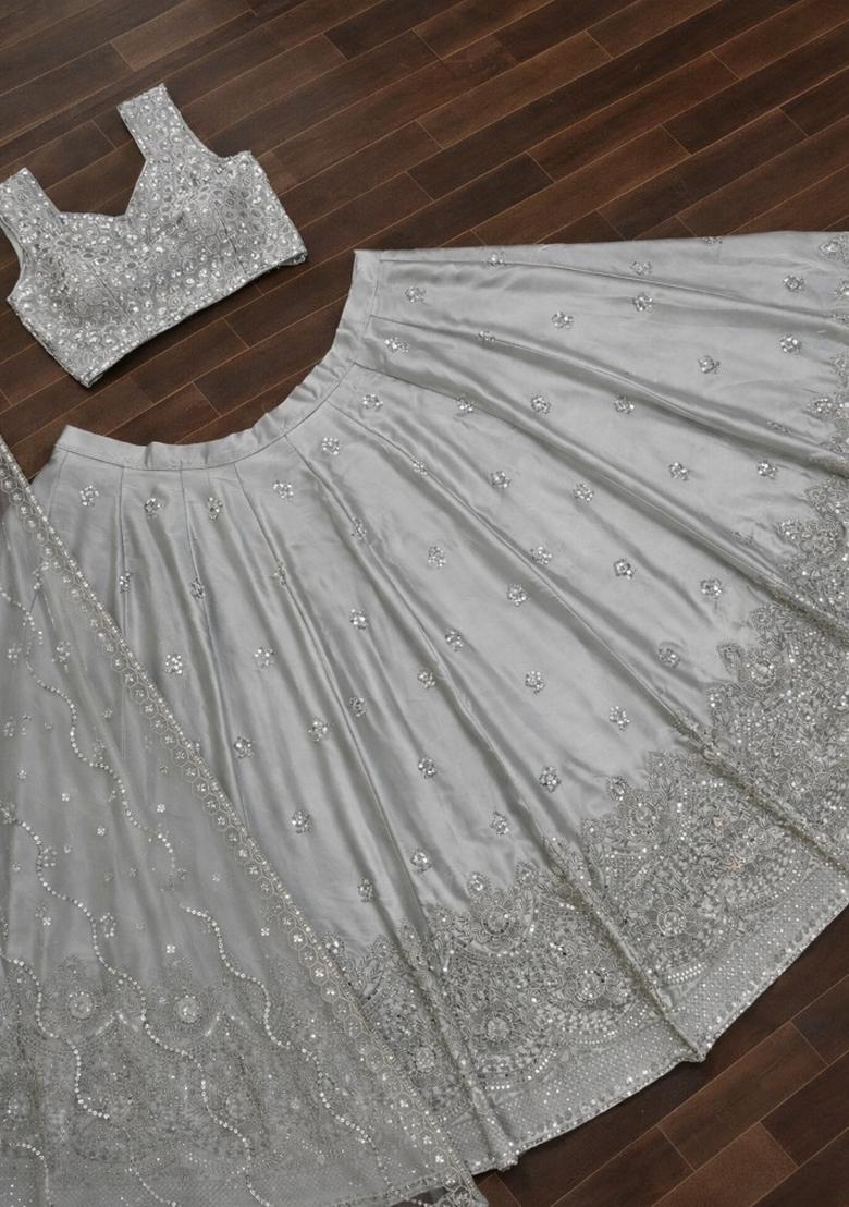 Grey Embroidery Satin Lehenga Set - Indya