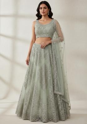 Green Embroidery Net Lehenga Set