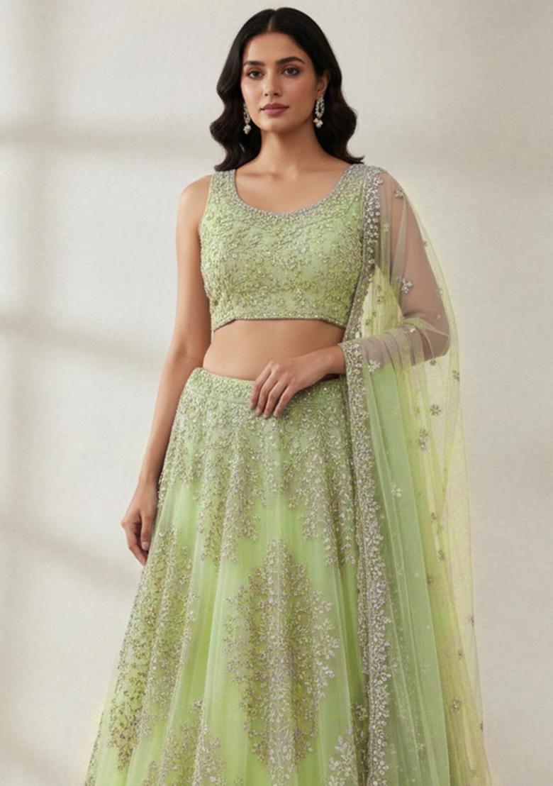 Green Embroidery Net Lehenga Set - Indya