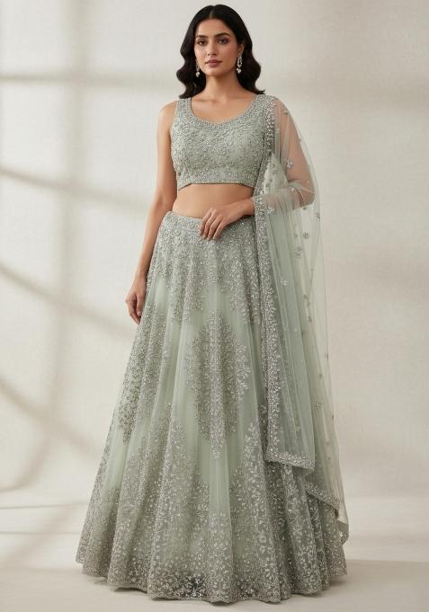 Green Embroidery Net Lehenga Set