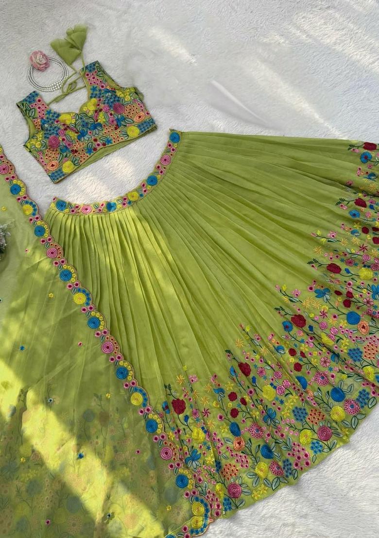 Green Embroidery Silk Lehenga Set - Indya