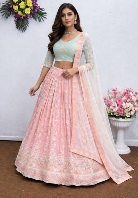 Pink And Blue Embroidery Georgette Lehenga Set