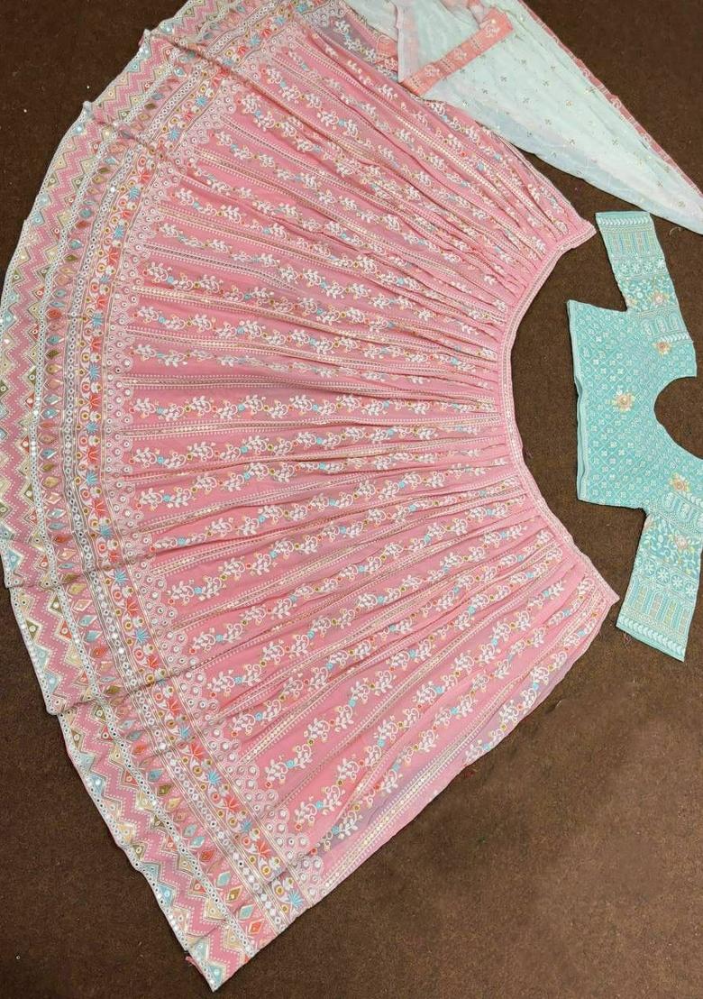 Pink And Blue Embroidery Georgette Lehenga Set - Indya