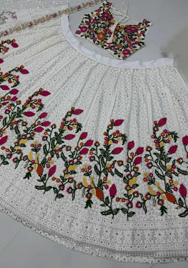 White Embroidery Georgette Lehenga Set - Indya