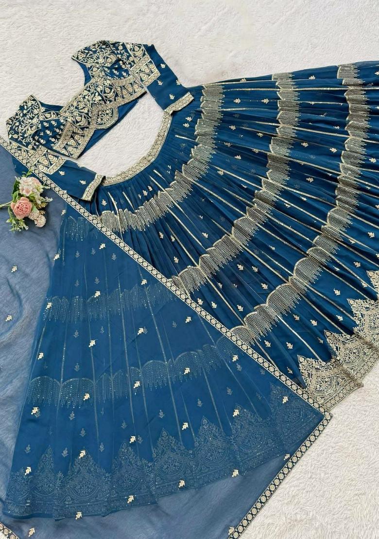 Blue Embroidery Georgette Lehenga Set - Indya