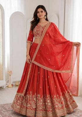 Orange Embroidery Silk Lehenga Set