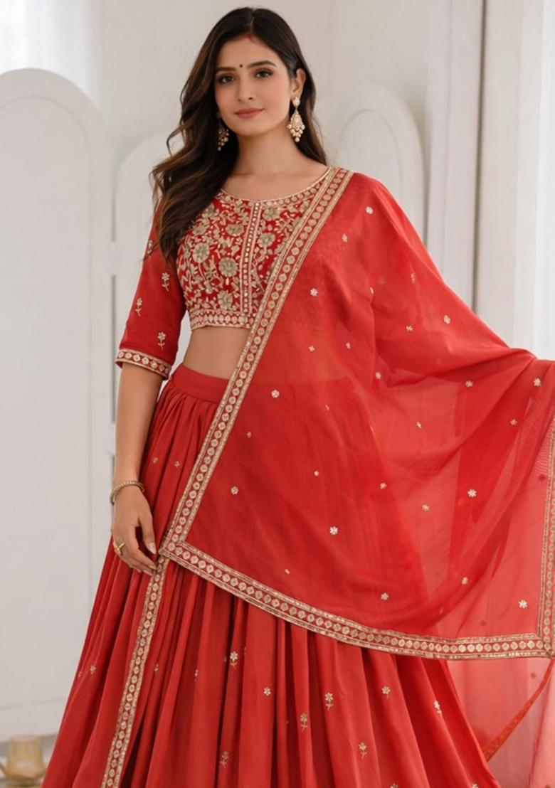 Orange Embroidery Silk Lehenga Set - Indya