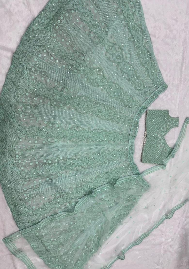 Blue Embroidery Net Lehenga Set - Indya