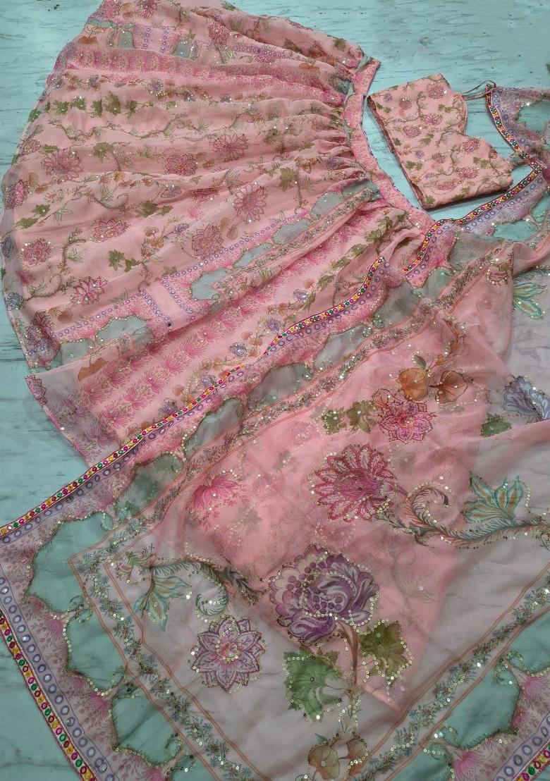 Pink Embroidery Silk Lehenga Set - Indya
