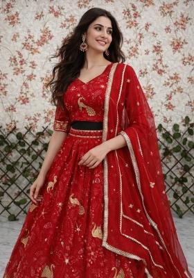 Red Embroidery Georgette Lehenga Set