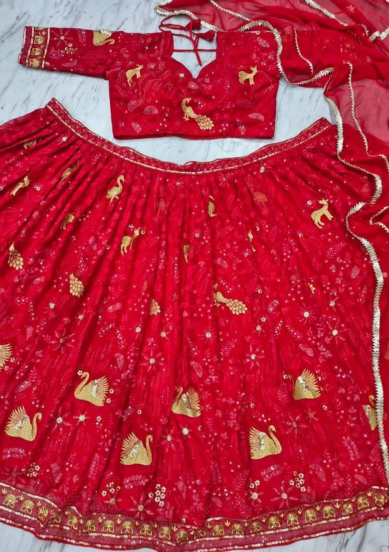 Red Embroidery Georgette Lehenga Set - Indya