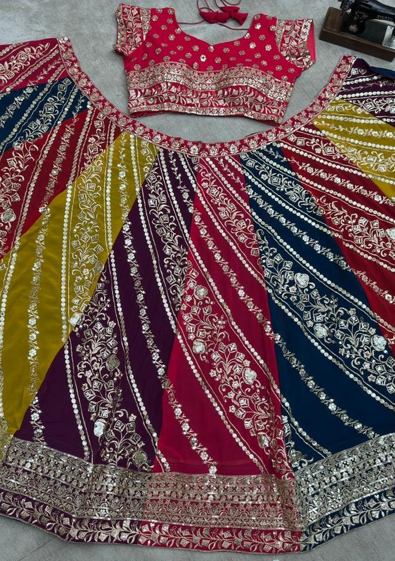 Multicolor Embroidery Georgette Lehenga Set - Indya