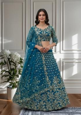 Blue Embroidery Net Lehenga Set