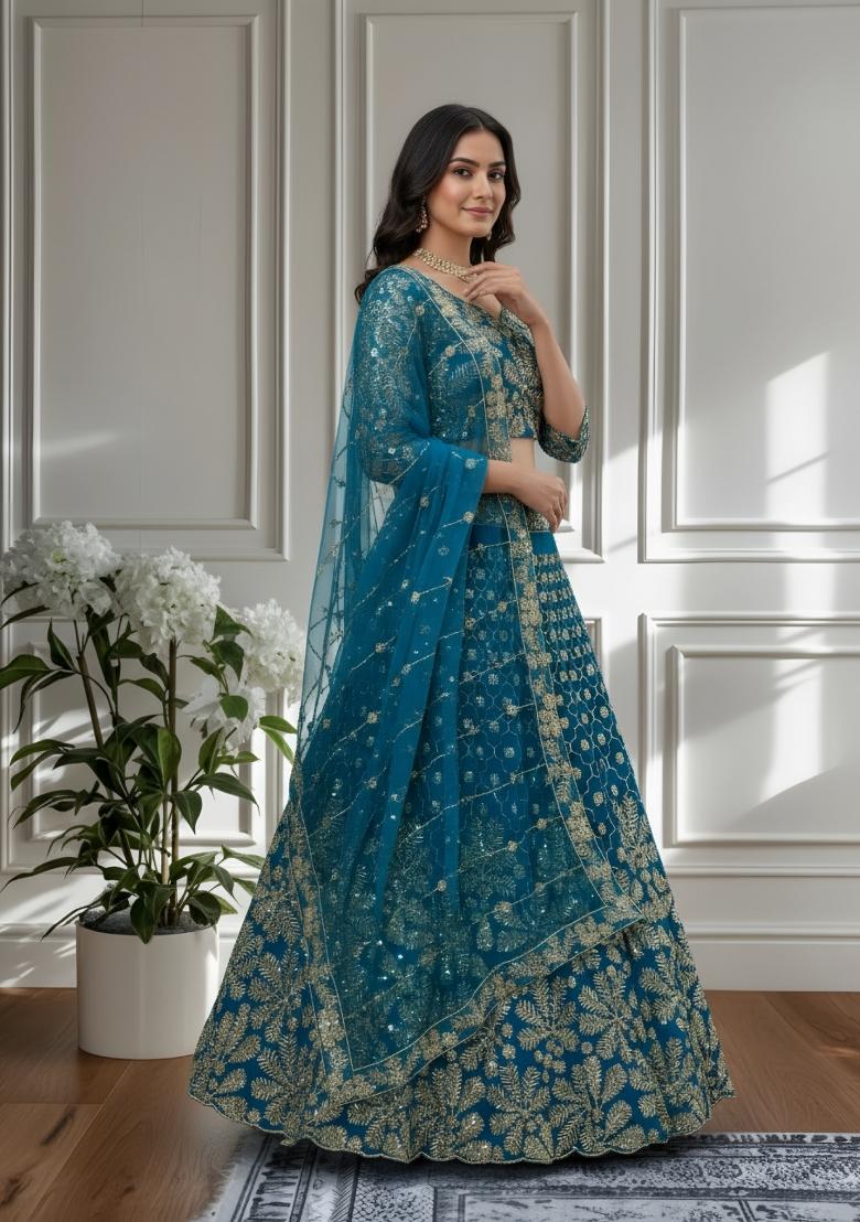 Blue Embroidery Net Lehenga Set - Indya