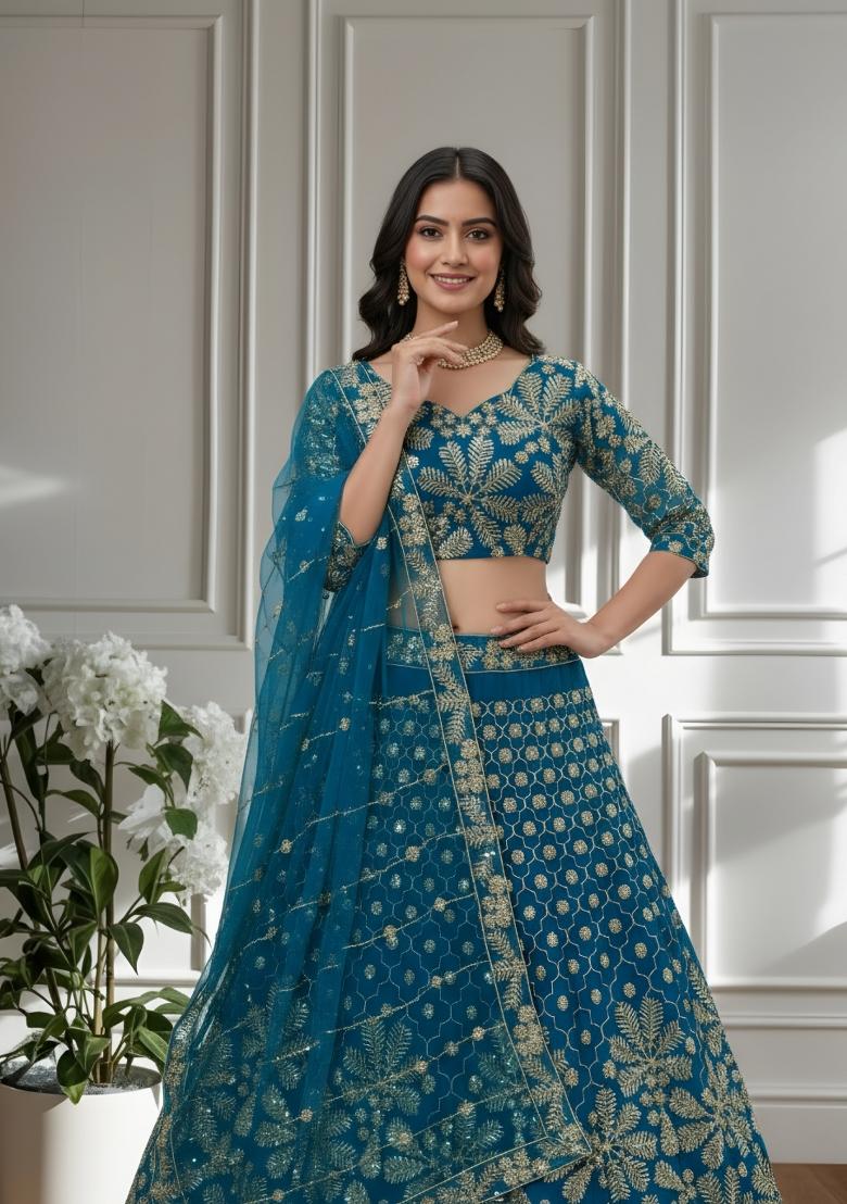 Blue Embroidery Net Lehenga Set - Indya