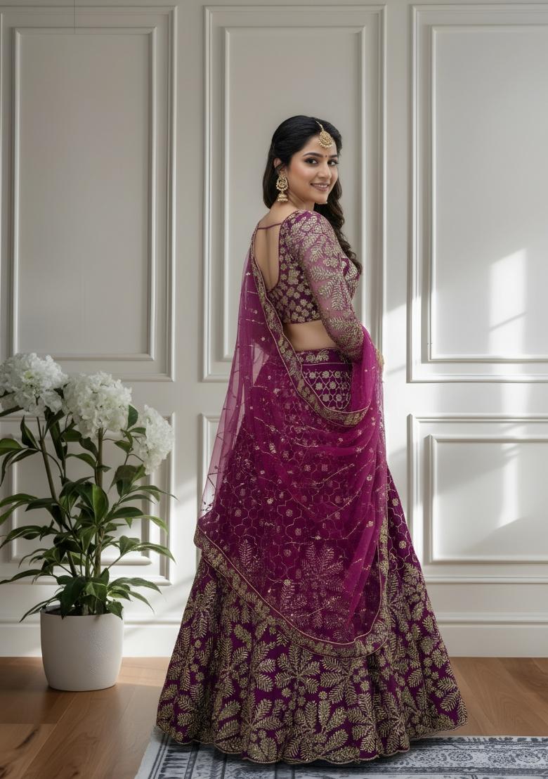 Purple Embroidery Net Lehenga Set - Indya