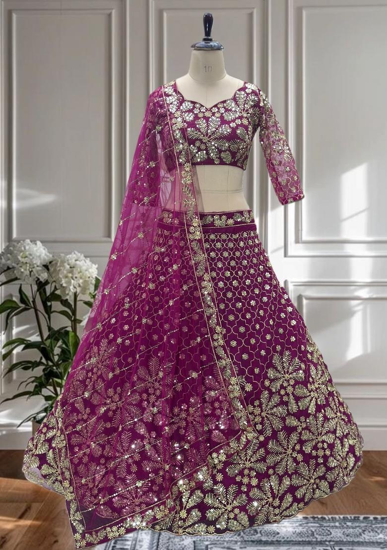 Purple Embroidery Net Lehenga Set - Indya
