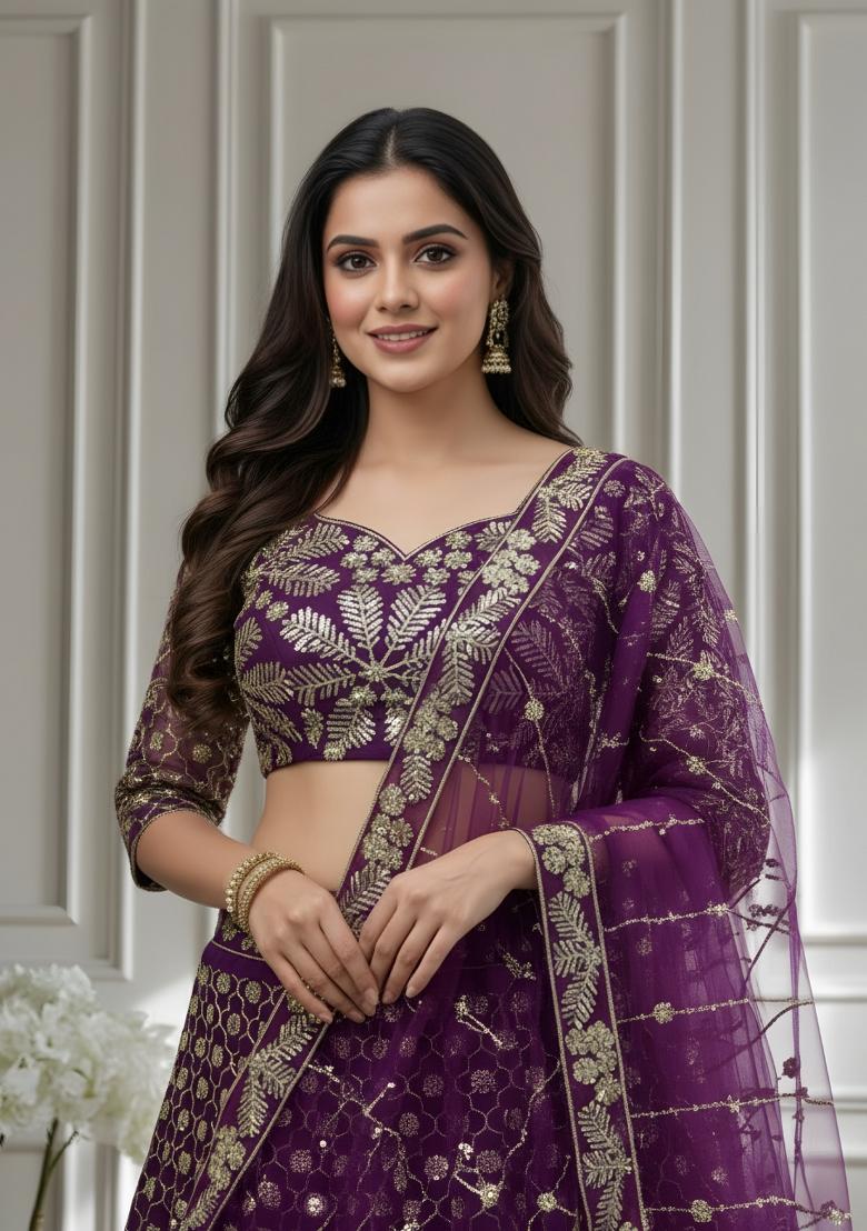 Dark Purple Embroidery Net Lehenga Set - Indya