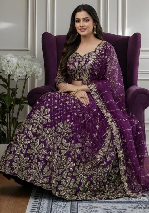 Dark Purple Embroidery Net Lehenga Set