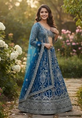 Blue Embroidery Net Lehenga Set