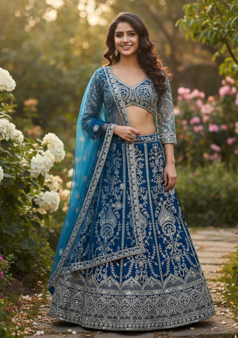 Blue Embroidery Net Lehenga Set - Indya