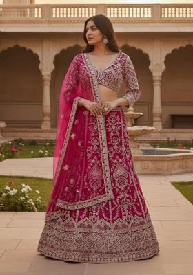Rani Pink Embroidery Net Lehenga Set