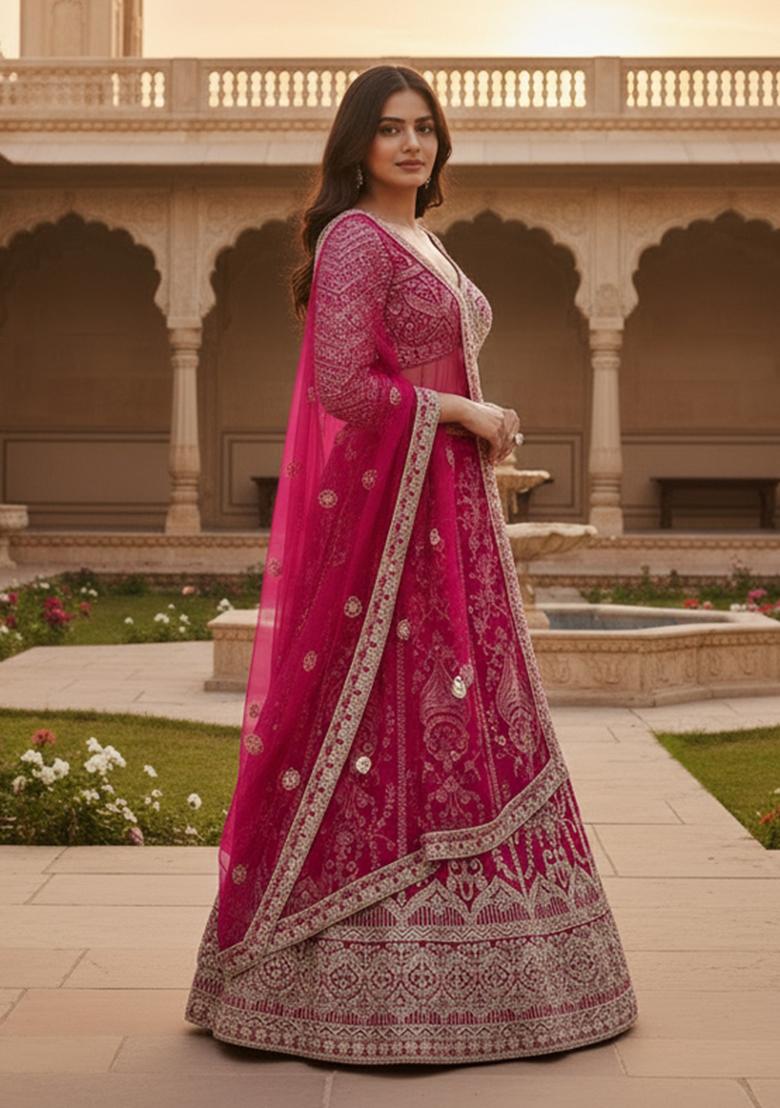Rani Pink Embroidery Net Lehenga Set - Indya