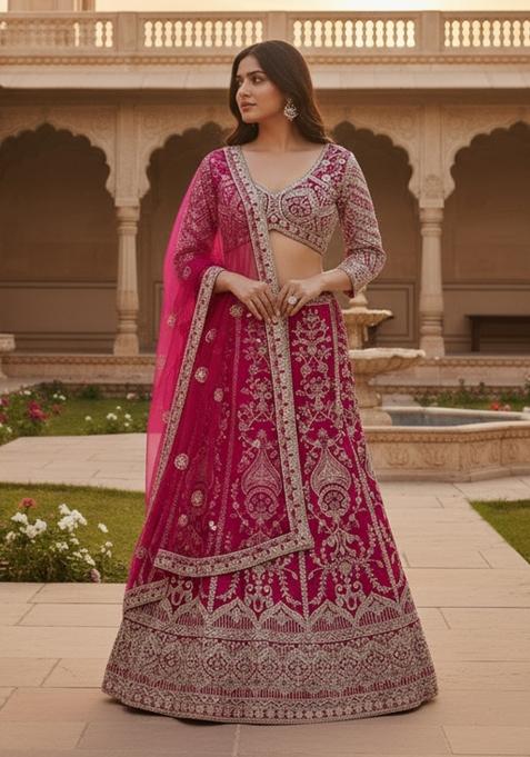 Rani Pink Embroidery Net Lehenga Set — view on Indya