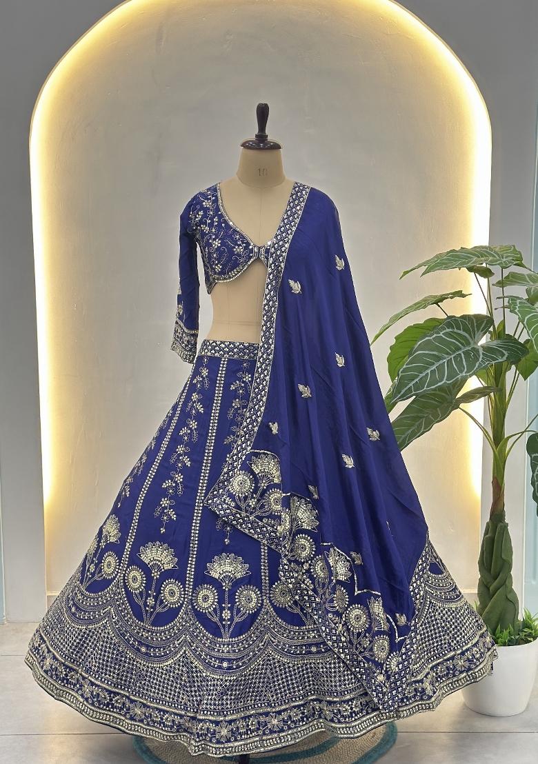 Blue Embroidery Silk Lehenga Set - Indya