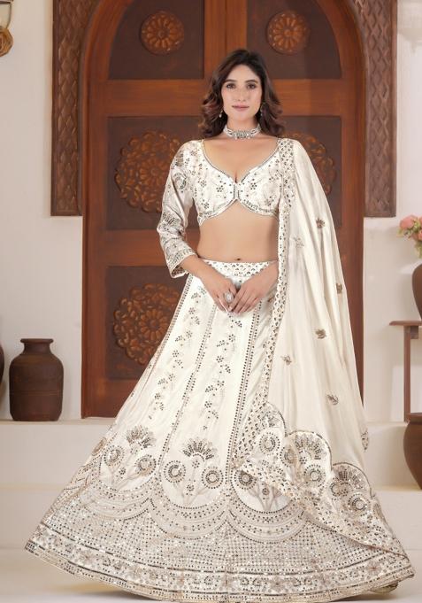 White Embroidery Silk Lehenga Set — view on Indya